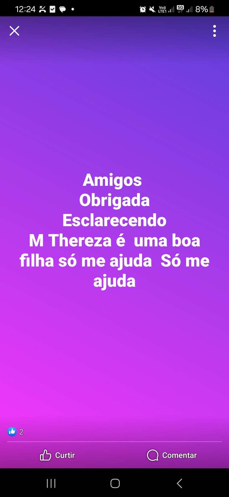 Filha de Maria Gladys compartilha publicação após ser acusada de roubo