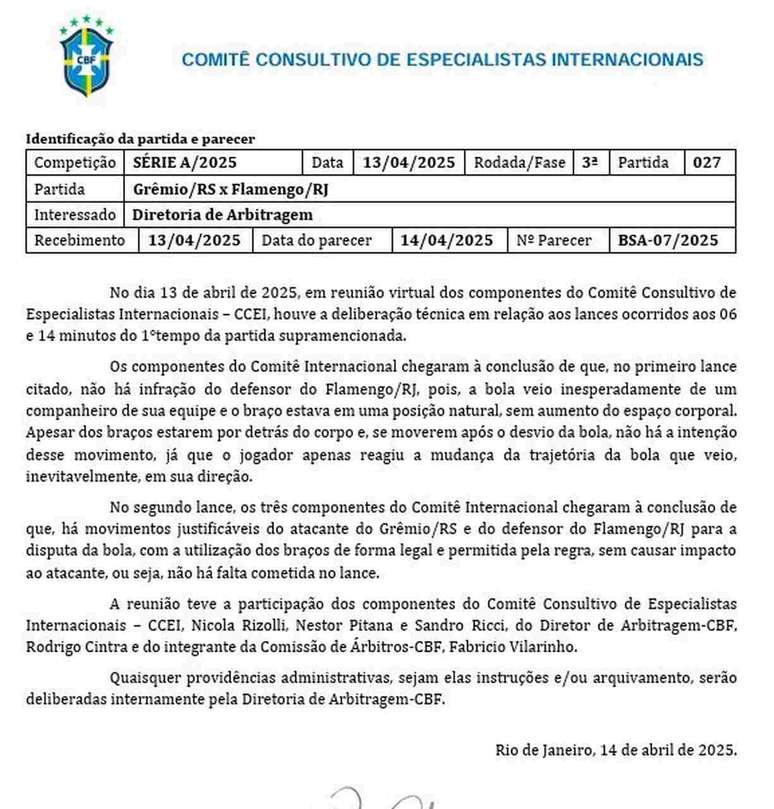 Documento que a CBF analisa suposto p&ecirc;nalti para o Gr&ecirc;mio &ndash;