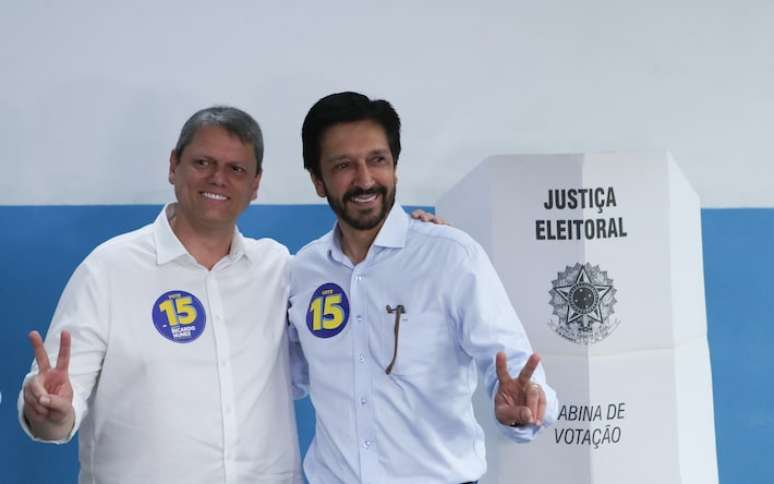 O prefeito de São Paulo, Ricardo Nunes (MDB), ao lado do governador Tarcísio de Freitas (Republicanos) durante as eleições municipais de 2024.