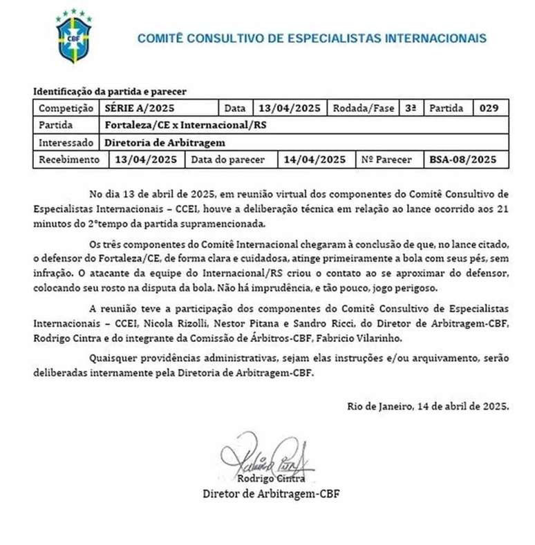 Comiss&atilde;o de Arbitragem da CBF emite documento em que analisa lance que o Inter criticou a n&atilde;o marca&ccedil;&atilde;o de p&ecirc;nalti &ndash;