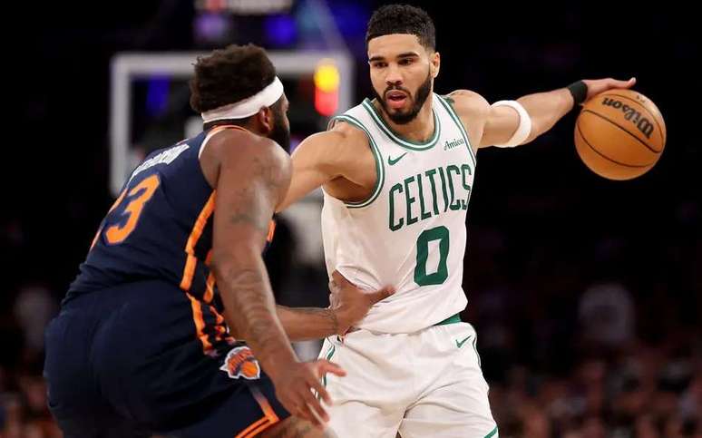 Jayson Tatum, do Boston Celtics, em ação contra o New York Knicks 