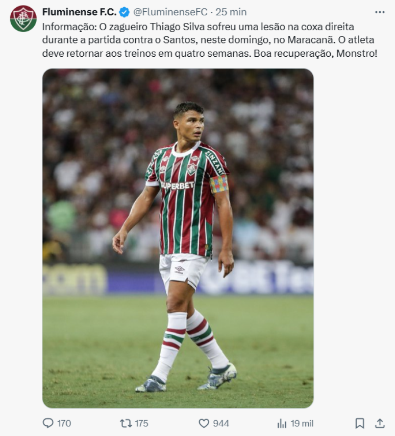 Thiago Silva em campo pelo Fluminense, antes da les&atilde;o na coxa &ndash;