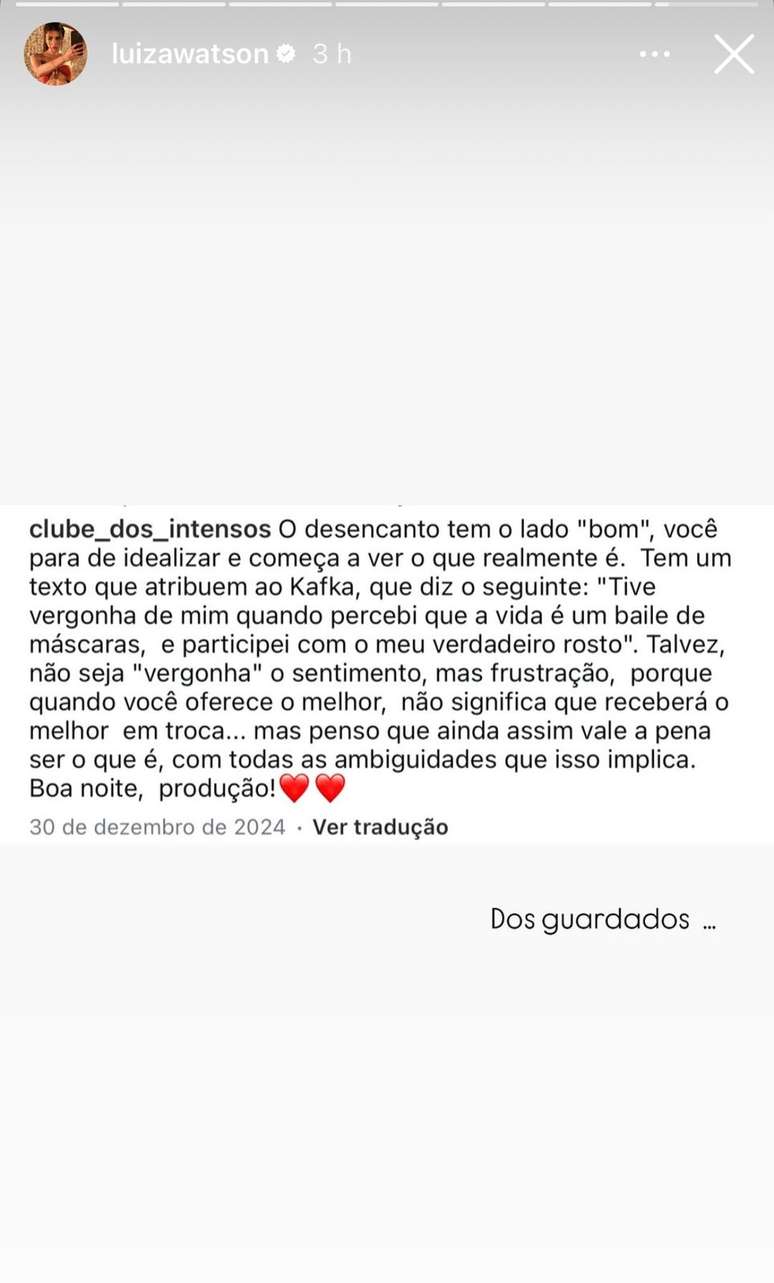 Pronunciamento de Luiza Watson, ex-affair de Cauã Reymond