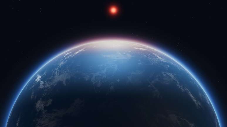 Ilustração do planeta K2-18b, um mundo distante que pode abrigar vida