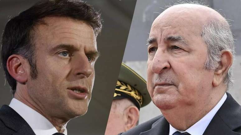 Fotomontagem mostra o presidente francês, Emmanuel Macron (à esquerda), e o presidente argelino, Abdelamadjid Tebboune ( Imagem ilustrativa).