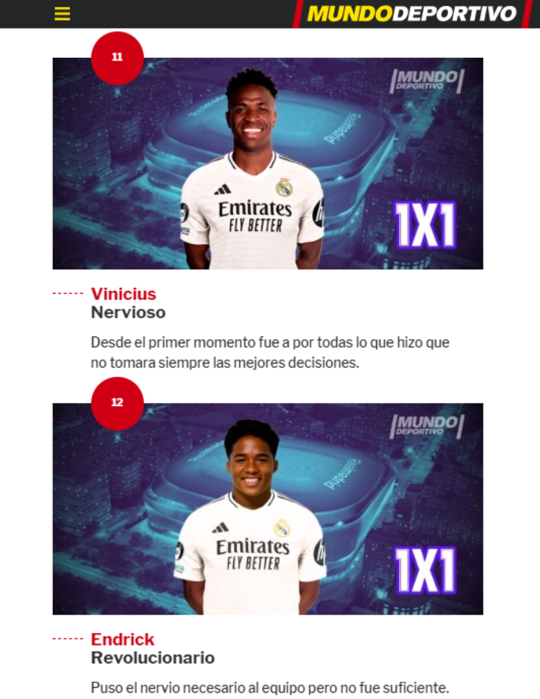 Avaliação dos brasileiros em jogo do Real Madrid