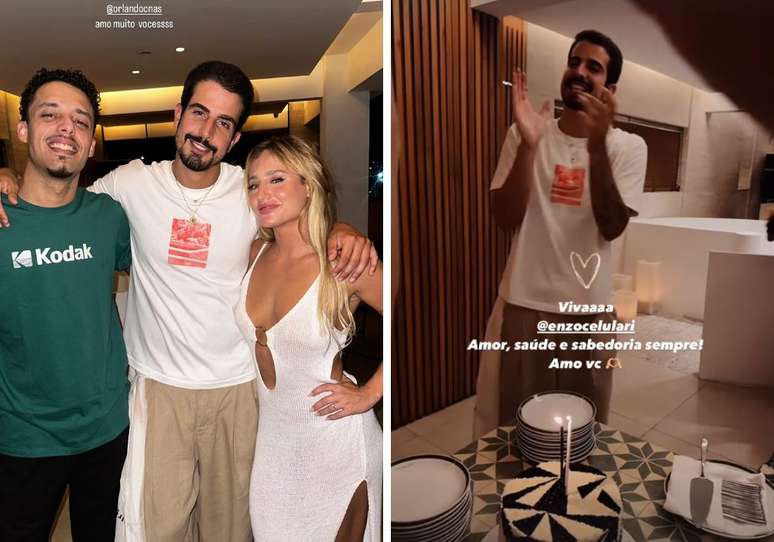 Enzo Celulari posa com amigo e Bruna Griphao | Amigos cantam parabéns para Enzo