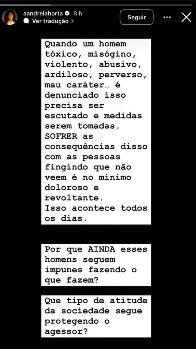 Andreia Horta fala sobre machismo no Instagram e fãs interpretam como indireta a Cauã Reymond