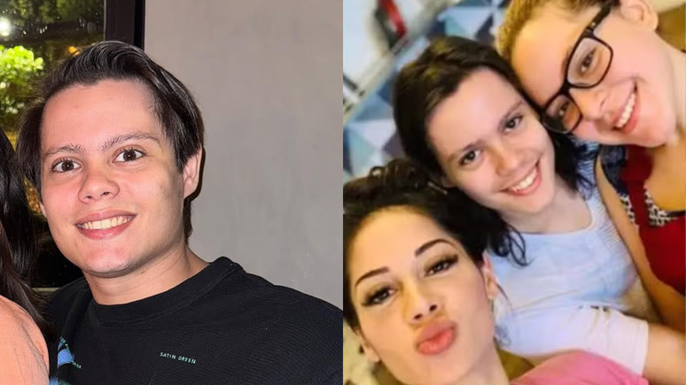 Lucas Cardi Rangel em uma foto atual e outra antiga ao lado da mãe e da ex-namorada