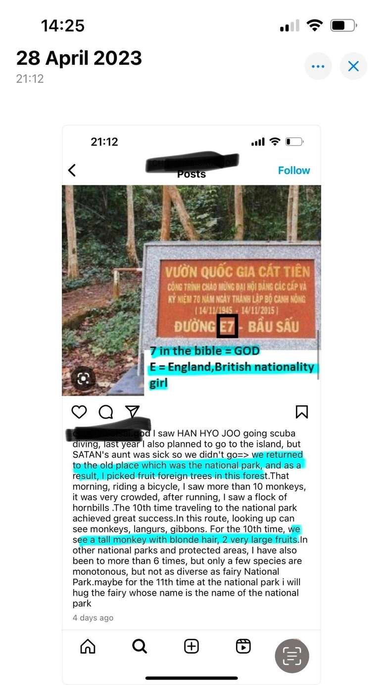 Um dos homens aparentemente se referiu ao ataque de depois de postar uma foto da placa do Parque Nacional Cat Tien. A postagem foi deletada