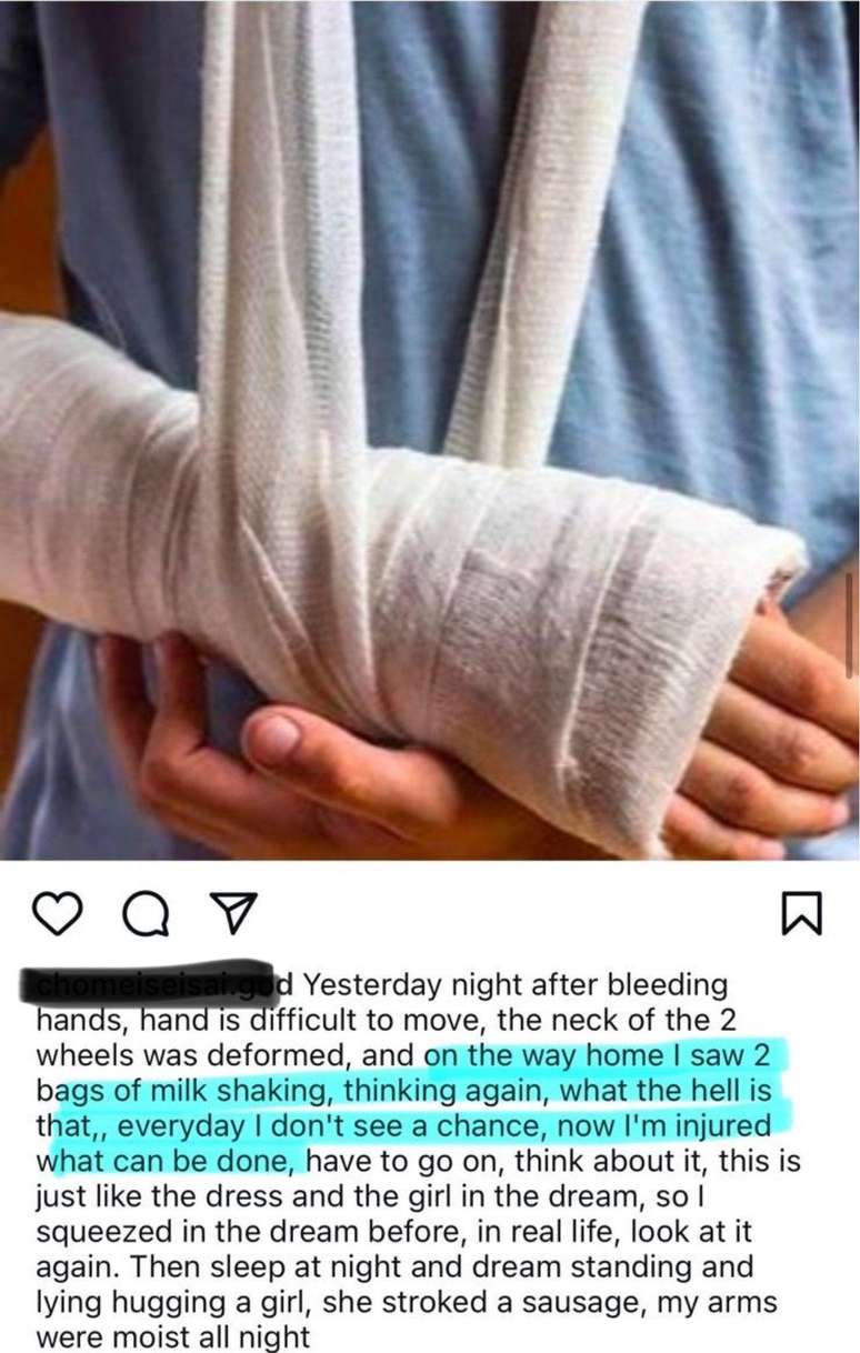 Postagem de um dos agressores de Annie, em que ele lamenta não conseguir "passar a mão" em ninguém porque está com o braço machucado