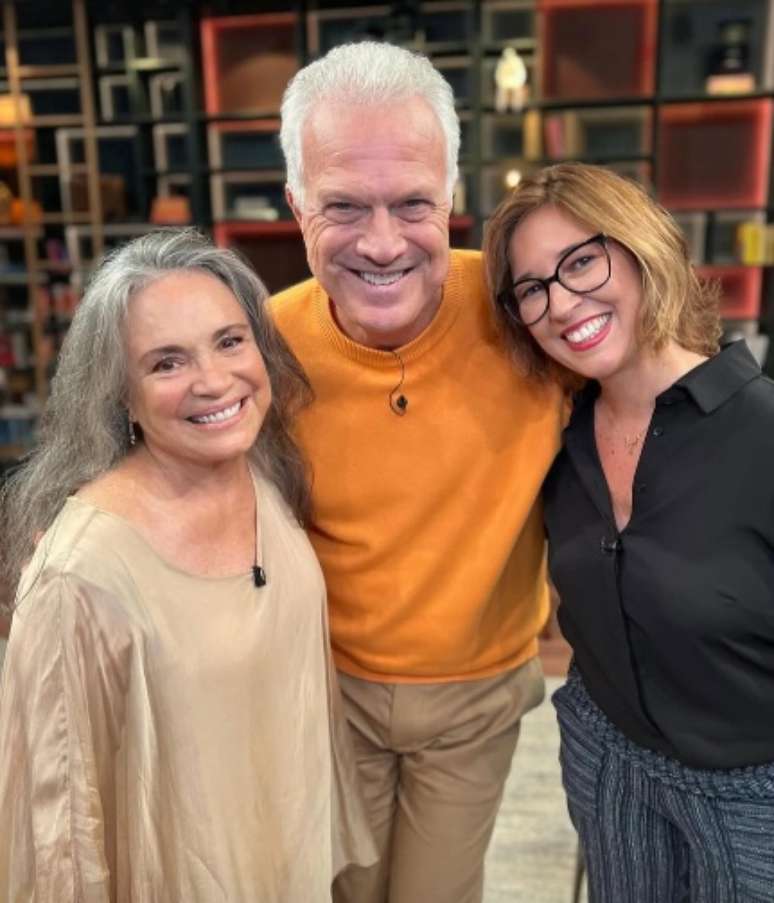Regina Duarte, Pedro Bial e Laura Mattos, jornalista e autora de livro sobre a censura às novelas na ditadura militar