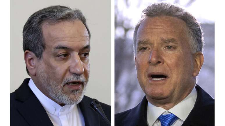 Fotomontagem mostra o ministro iraniano das Relações Exteriores, Abbas Araghchi (à esquerda), e o emissário americano para o Oriente Médio, Steve Witkoff.