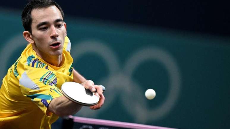 Hugo Calderano durante as Olimpíadas de Paris, quando ficou em quarto lugar, conquistando um feito histórico.