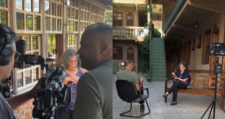 A atriz na gravação de reportagem para o 'Domingo Espetacular' da Record