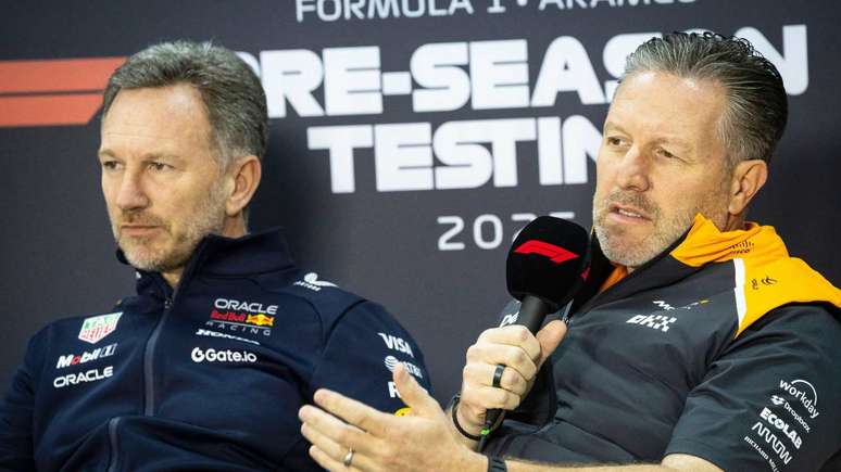 Christian Horner e Zak Brown durante coletiva de imprensa 