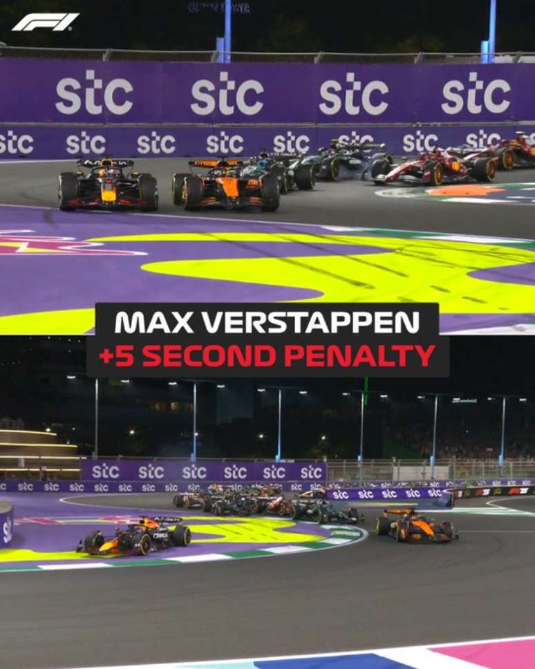 Lance entre Max Verstappen e Oscar Piastri na primeira volta 