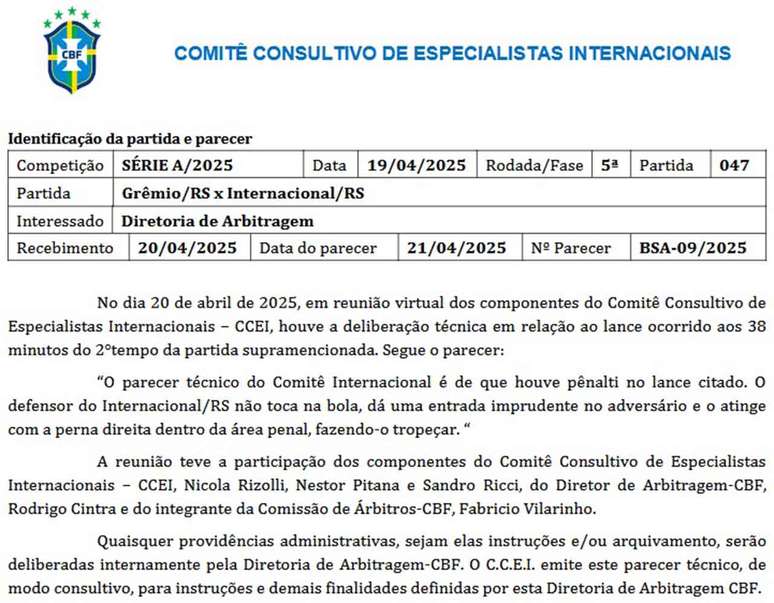 Documento emitido pelo Comitê de Arbitragem da CBF admite falha em decisão de Bráulio da Silva Machado –