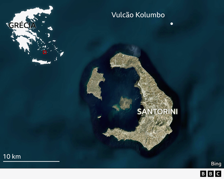 Mapa mostrando a ilha de Santorini e o vulc&atilde;o Kolumbo a sete quil&ocirc;metros de dist&acirc;ncia