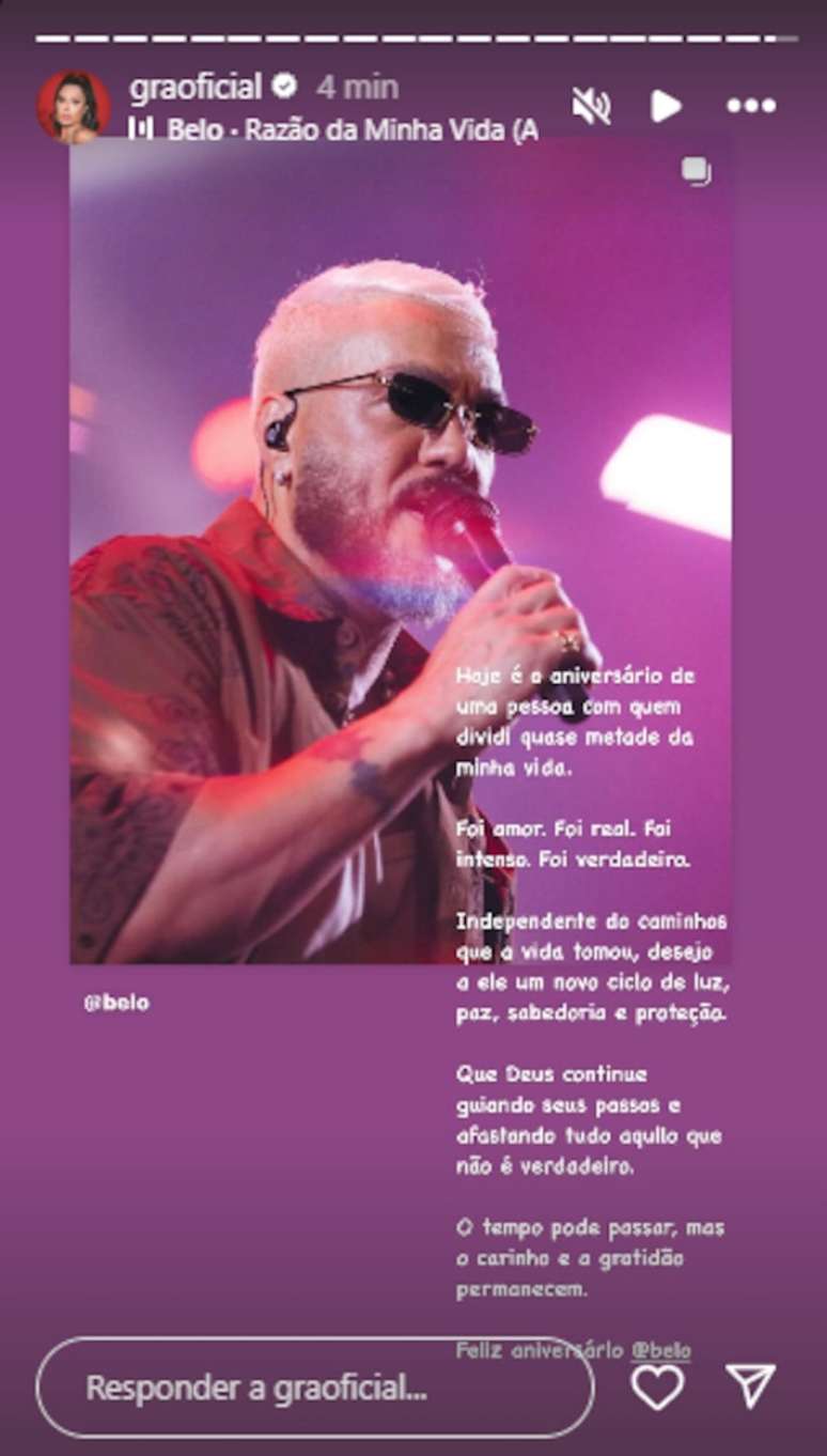 Gracyanne Barbosa manda mensagem de anivers&aacute;rio para Belo