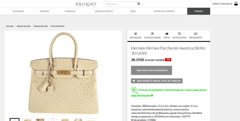 Preços praticados no site Jolie Closet, mas a bolsa está indisponível 
