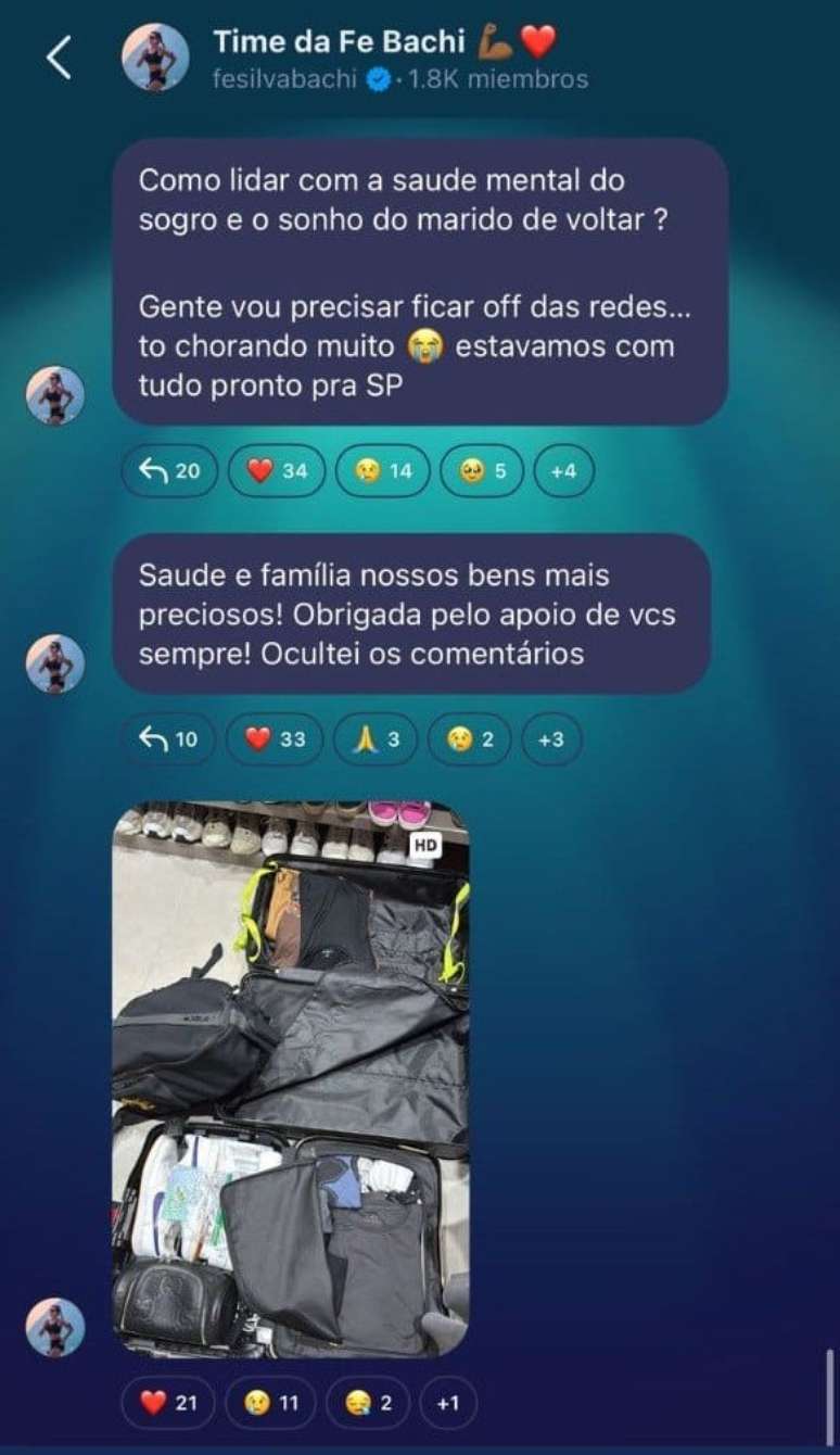 Print de mensagens de Fernanda Bachi em grupo privado