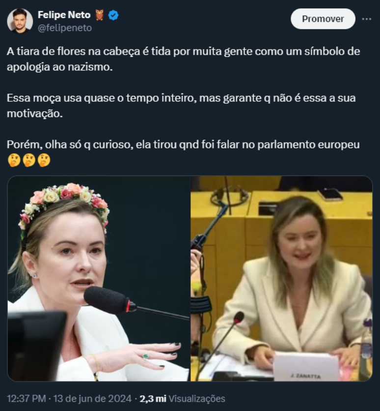 A deputada federal Júlia Zanatta moveu queixa-crime contra Felipe Neto por publicação em que o influenciador associa 'tiara de flores' à apologia ao nazismo