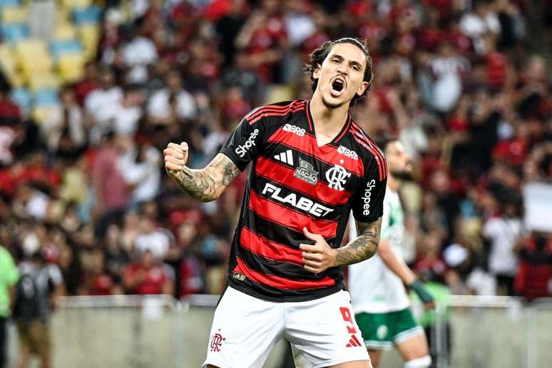 Pedro (Flamengo) comemorando seu gol contra o Juventude, no dia 16.04.2025 