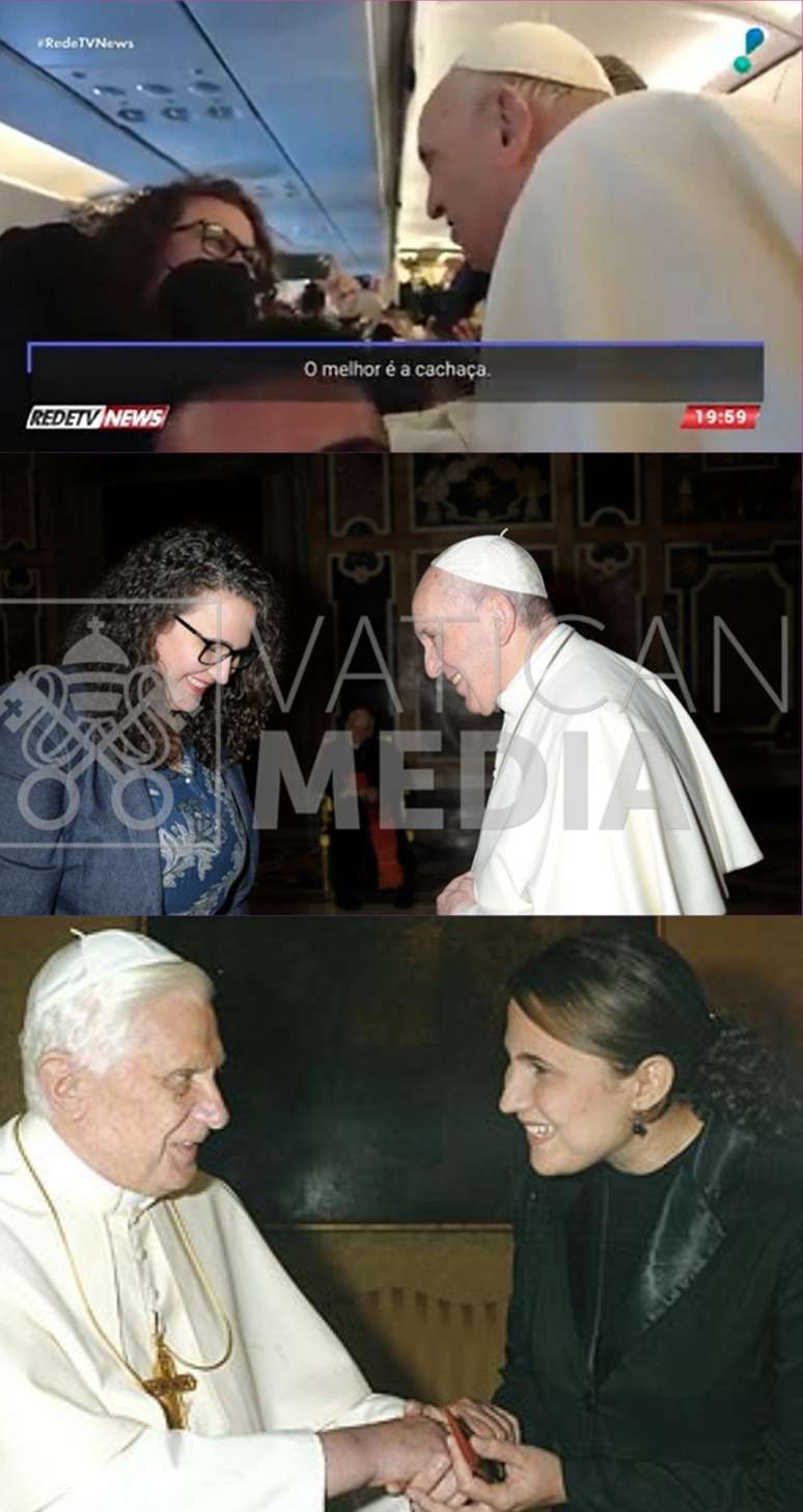 A jornalista com o papa em viagem na Europa e em outro encontro; abaixo, ela com o papa Bento 16