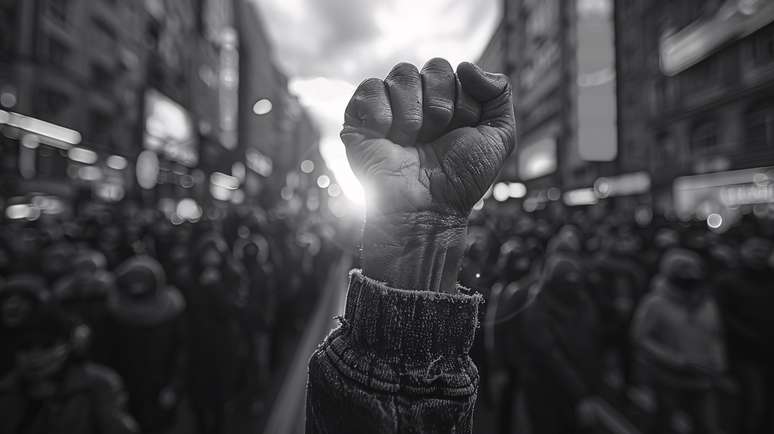 Imagem mostra punho de uma pessoa negra levantado, com a mão fechada. Atrás, uma multidão.