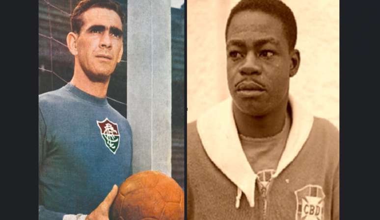 Castilho e Veludo, dois do Fluminense, foram os goleiros do Brasil na Copa de 54. Veludo foi reserva e não jogou. Mas Castilho, reserva em 1950 e, depois, 58 e 1962, foi titular no Mundial da Suíça. Fotos: Domínio público