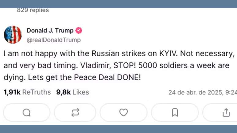 Postagem do presidente dos EUA, Donald Trump, em sua rede social Truth Social