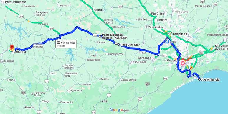 Percurso de ida: 748 km do Guarujá (SP) a Londrina (PR)