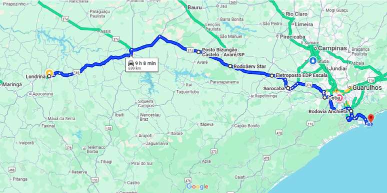 Percurso de volta: 699 km de Londrina (PR) ao Guarujá (SP)