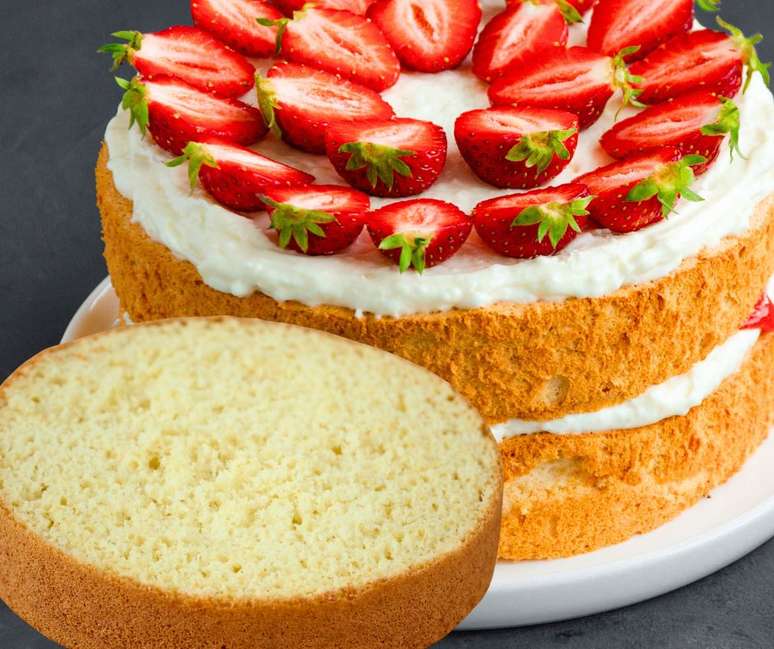 Bolo feito a partir de uma massa do tipo pão de ló, usando apenas ovos, açúcar, fécula de batata e fermento — leve, sem trigo e sem lactose