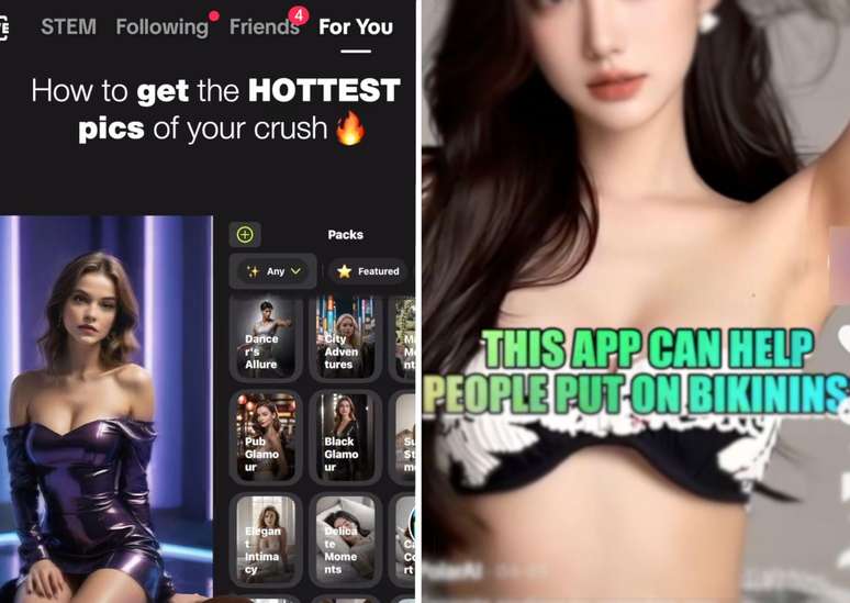 Exemplos de an&uacute;ncios encontrados no TikTok usam modelos geradas por IA para demonstrar os aplicativos de "nudifica&ccedil;&atilde;o"