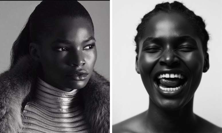 Ana Jorge para a Balmain (esquerda) e em retrato de IA (Fotos: Reprodução/Instagram/Joy IA/Divulgação)