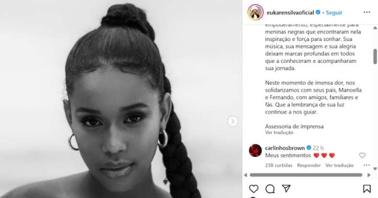 Carlinhos Brown deixa mensagem em post sobre o falecimento da cantora Karen Silva