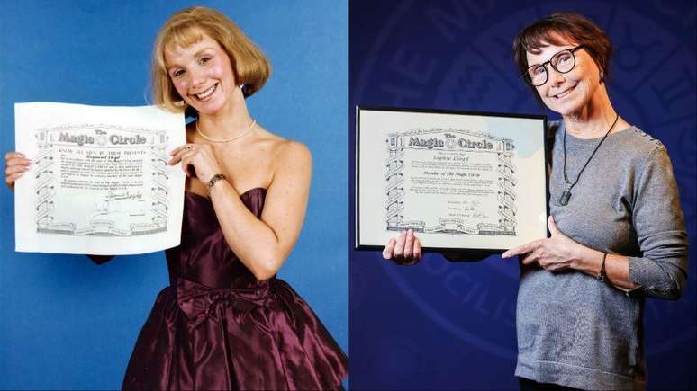 Sophie Lloyd (à esquerda, em 1991, e à direita, em 2025) ingressou no Magic Circle duas vezes — uma vez como 'Raymond Lloyd', e agora como ela mesma