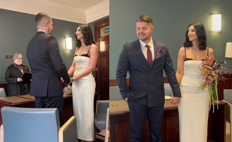 Casal realiza cerimônia de casamento na Prefeitura de Hackney, no leste de Londres, em 29 de março