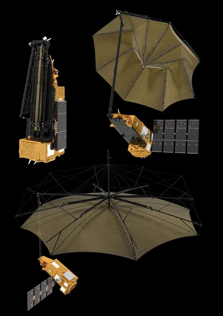 O satélite inclui uma antena dobrável de 12 metros que parece um guarda-chuva