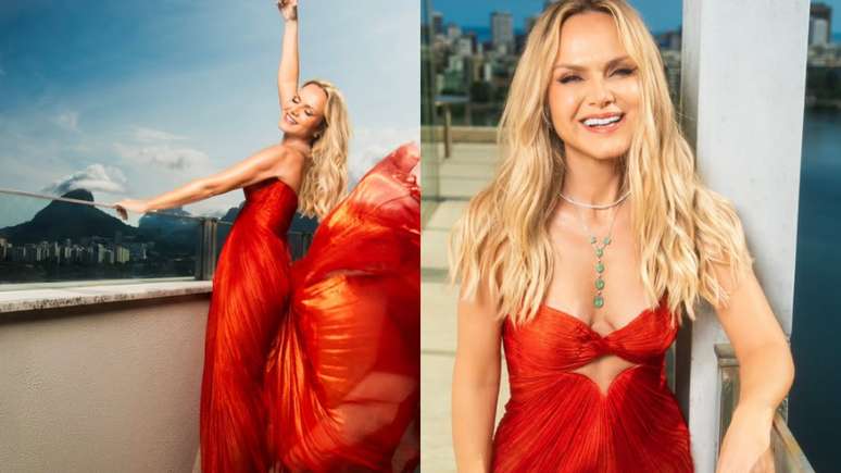 A apresentadora Eliana com vestido laranja poderoso
