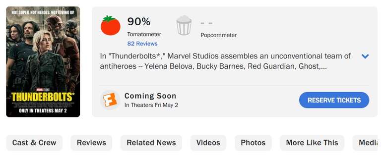 Thunderbolts estreia com 90% de aprova&ccedil;&atilde;o da cr&iacute;tica no Rotten Tomatoes 