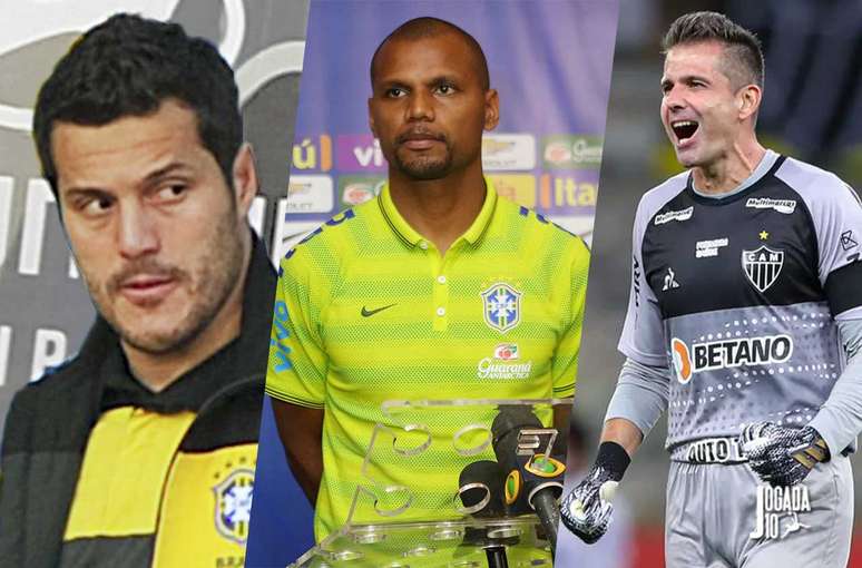 Julio Cesar mais uma vez foi o titular. Jefferson e Victor, na única Copa em que foram convocados, os reservas. Fotos: Wikimedia Commons- Marcello Casal Jr/ABr; Rafael Ribeiro/ CBF; Pedro Souza/ Atlético MG
