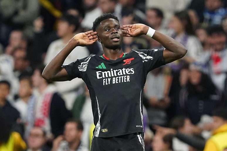 Bukayo Saka (Arsenal) celebrando seu gol contra o Real Madrid, no dia 16.04.2025 