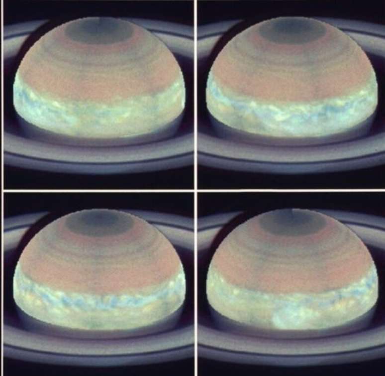 Estas imagens do Hubble mostram a mancha branca de Saturno, uma grande tempestade na região equatorial do planeta.