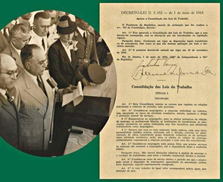 Primeira p&aacute;gina da Consolida&ccedil;&atilde;o das Leis do Trabalho, instrumento de regulamenta&ccedil;&atilde;o do trabalho e um dos pilares fundamentais da popularidade de Get&uacute;lio Vargas entre trabalhadores urbanos.