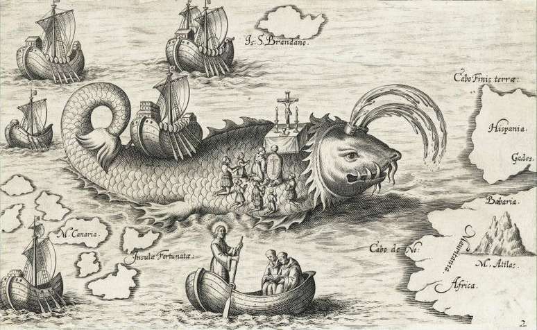 São Brandão retratado em ilustração de 1621 rezando uma missa no dorso de uma baleia