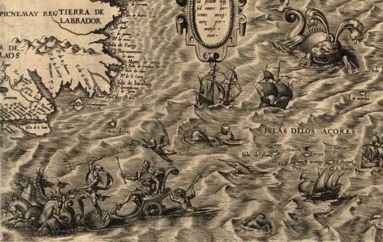 Detalhe do Americae sive qvartae orbis partis nova et exactissima descriptio, de 1562: além de lugares míticos, mapas da época também representavam criaturas lendárias