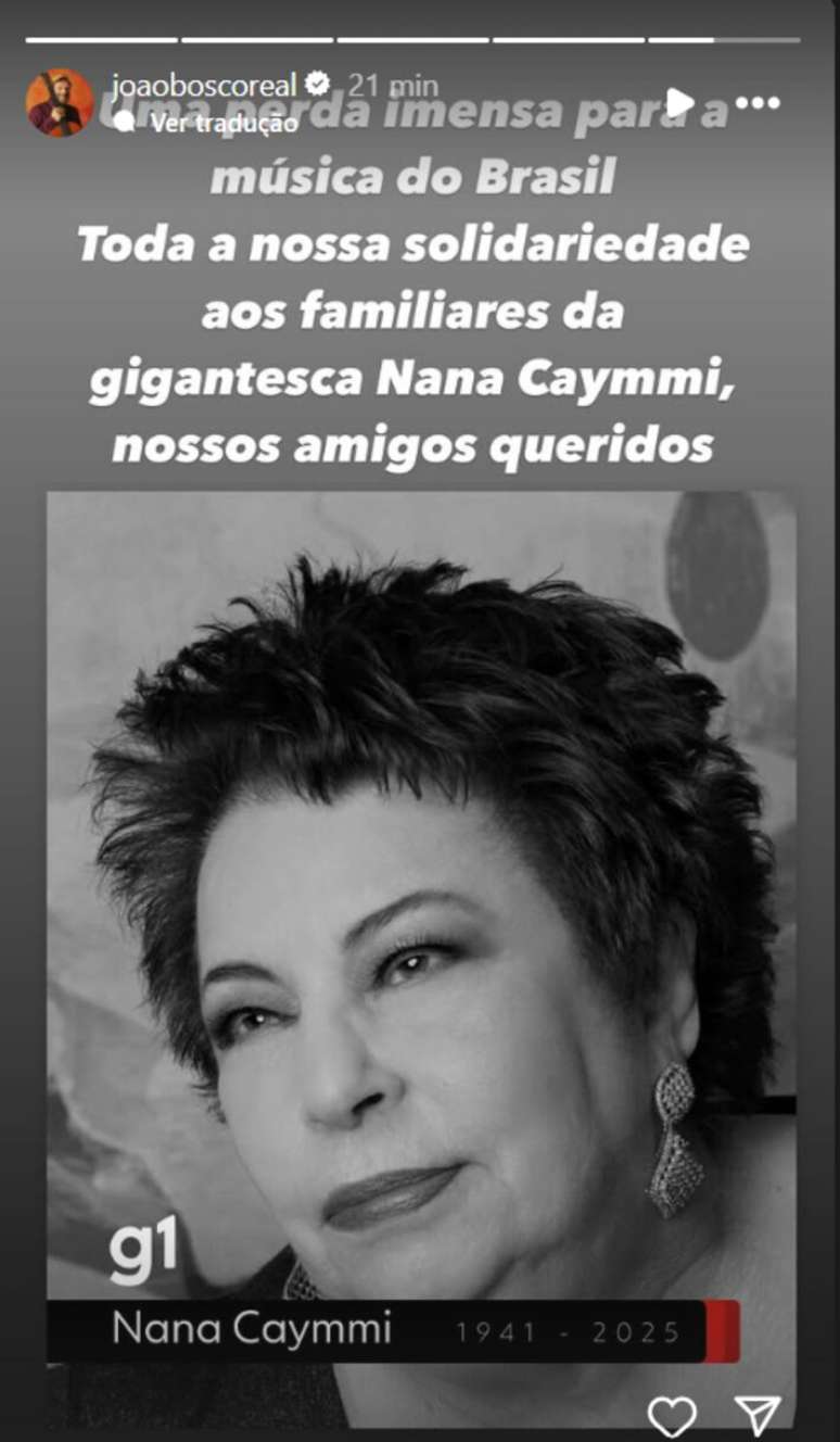 Jo&atilde;o Bosco presta homenagem a Nana Caymmi em publica&ccedil;&atilde;o nas redes sociais.